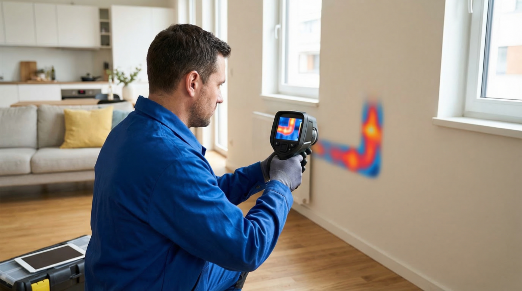 Откриване на скрити течове с термокамера - специалист използва термовизионна камера