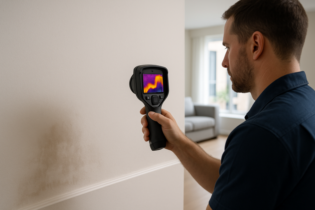 Проверка на влага по стена с термокамера при съмнение за скрит теч от съседен апартамент